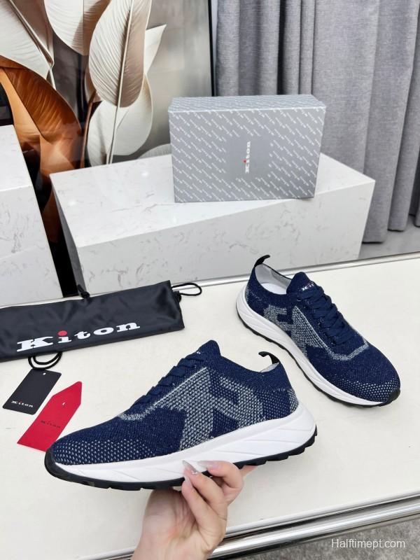 2025 Unisex Kiton Blue White Knit Sneakers AS00320