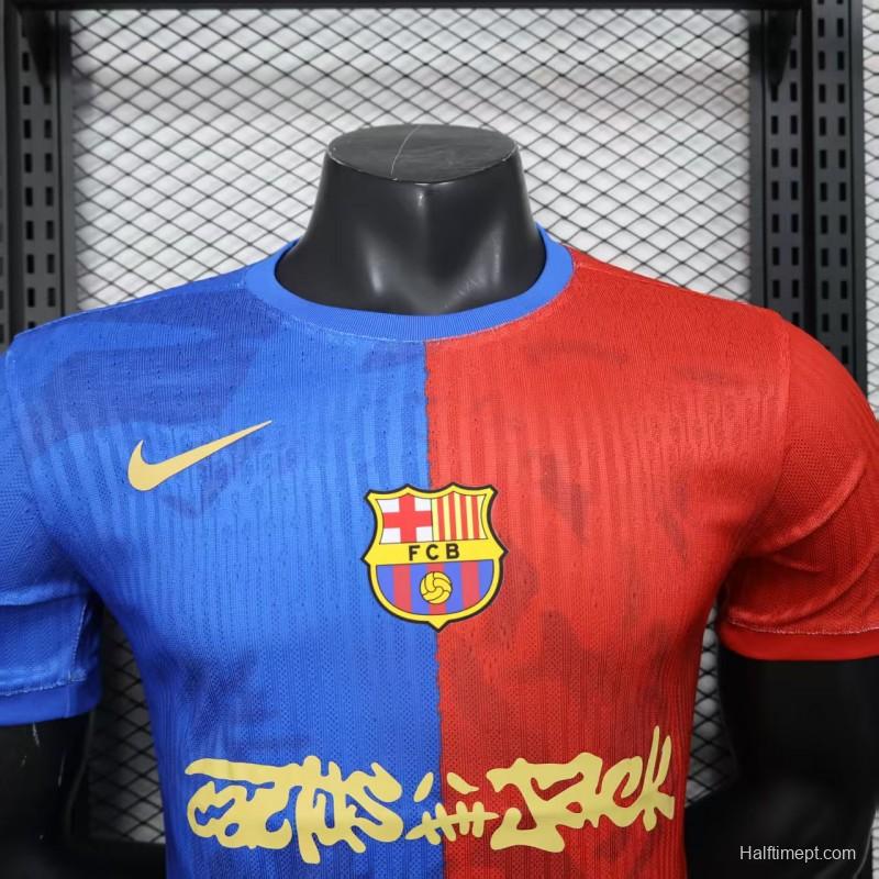 Player Version 25/26 Barcelona Travis Scott Blue with Red Half Split Jersey