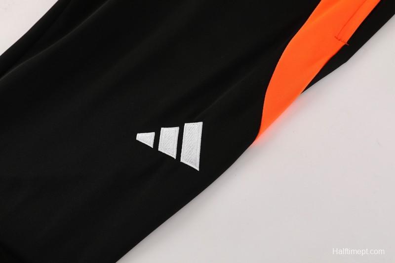 2025 Adidas Dark Grey & Black with Leopard Print Pattern and Orange Accents Half Zipper Jacket +Long Pants