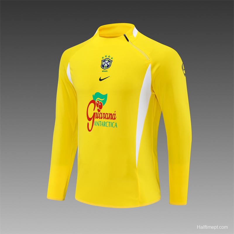 2002 Brazil Yellow Half Zipper Jacket+Long Pants