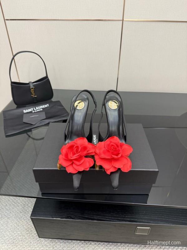 Saint Laurent 2025 SS Rose Thorn High Heels with Sculptural Gold Heel - KFY00320