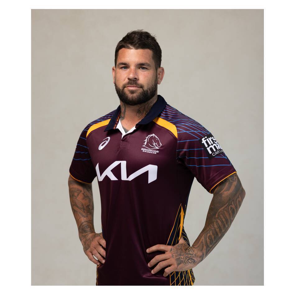 25/26 Brisbane Broncos Maroon with Blue Striped Sleeves and Gold Geometric Jersey