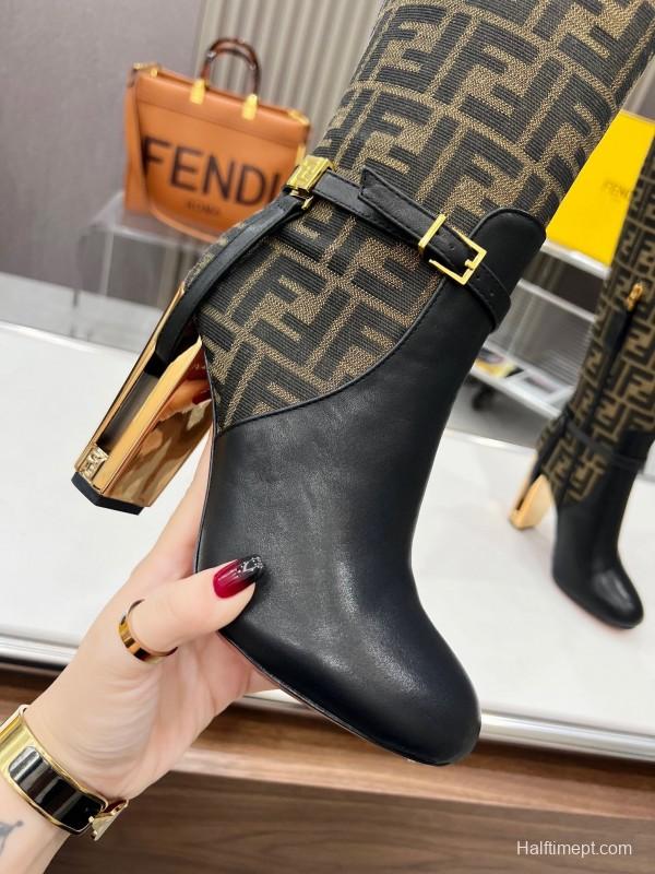 FENDI Delfina Round Toe Boots with FF Buckle and Heel Detail - LY00