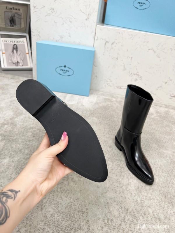 Prada Classic Triangle Logo Pointed Toe Boots - LY00350
