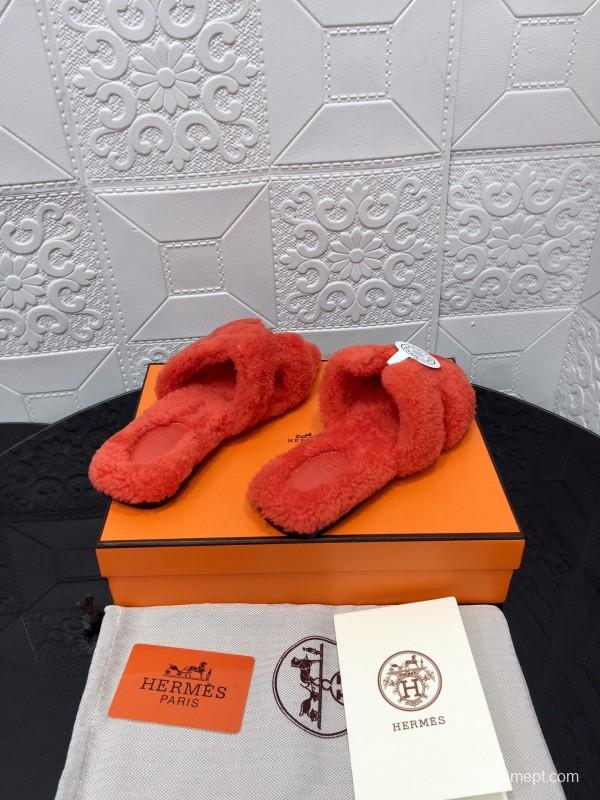 H Teddy Wool H Slippers Flat Sole Fur Slides - LY00240
