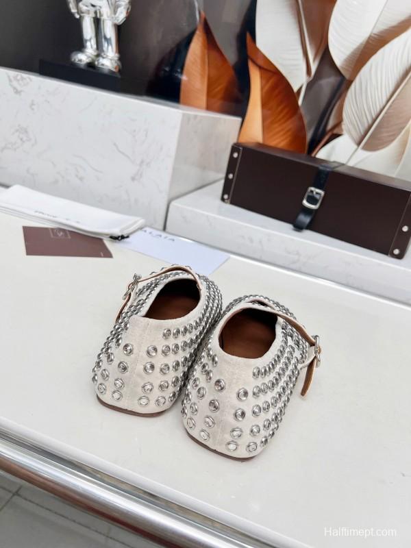 Alaia 2025/SS Crystal-Studded Ballet Flats with Built-in 0.8CM Height Increase - LY00340