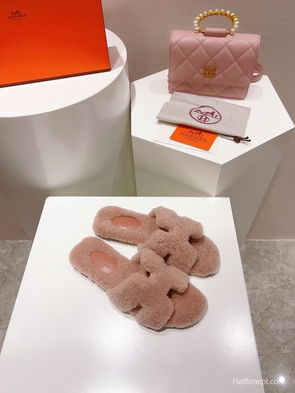 H Teddy Wool H Slippers Flat Sole Winter Edition - LY00240