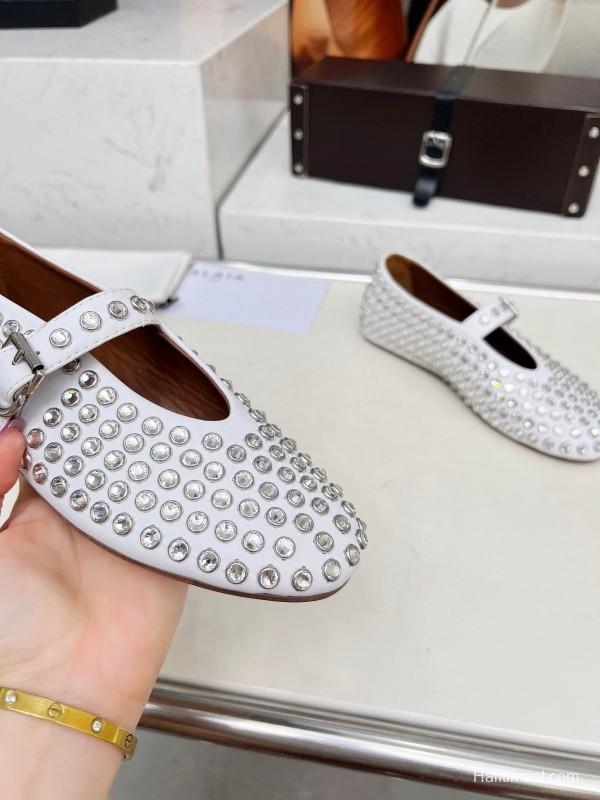 Alaia 2025/SS Crystal Embellished Ballet Dance Shoes with Arch Support and 0.8CM Inner Height - LY00340