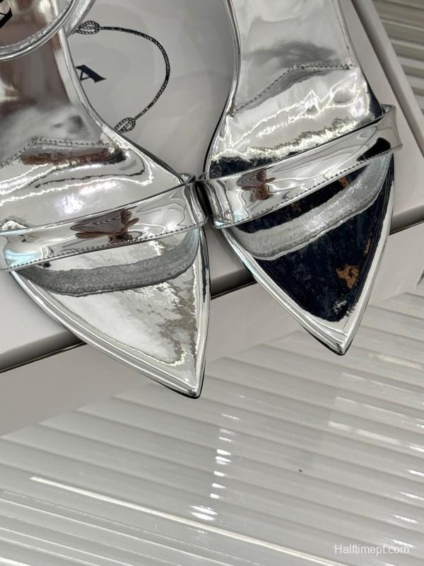 Prada 2025 SS Pointed Toe High Heel Sandals with Triangle Buckle - KFY00280