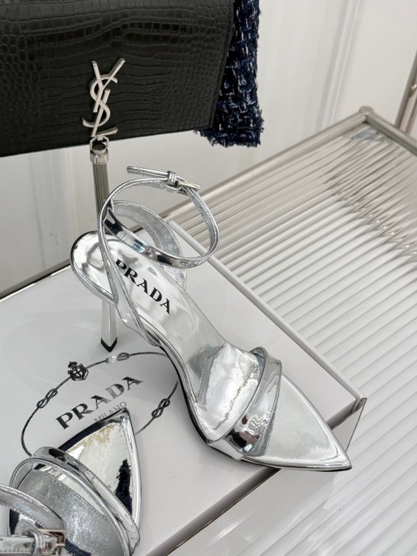 Prada 2025 SS Pointed Toe High Heel Sandals with Triangle Buckle ...