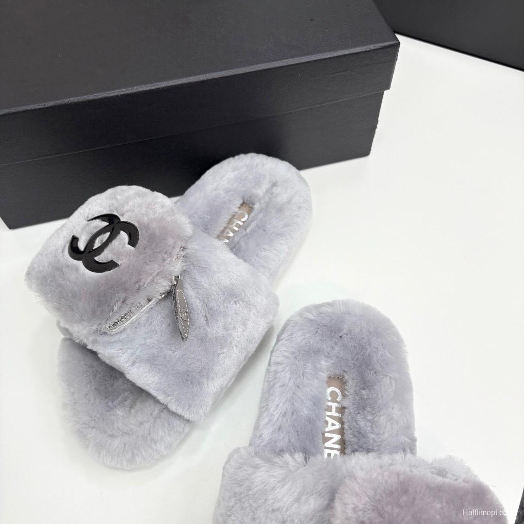 Chanel Fluffy Slippers Latest Color Design with Rubber Sole - LY00270