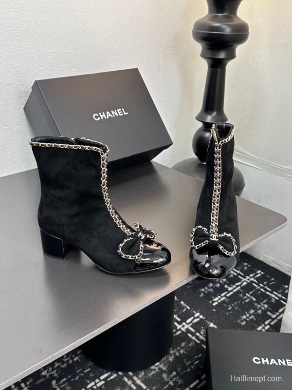 Chanel 2025 SS Chain Bow Chunky Heel Ankle Boots - LY00370