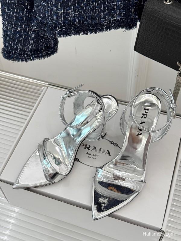 Prada 2025 SS Pointed Toe High Heel Sandals with Triangle Buckle - KFY00280