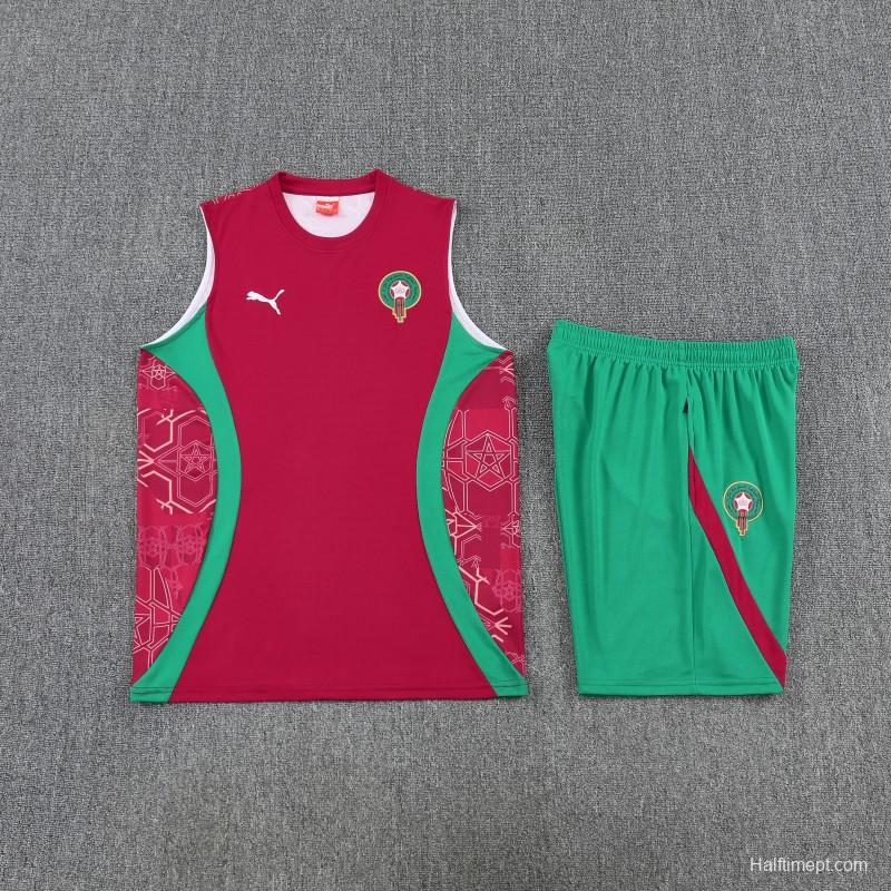 26/27 Morocco Red Sleeveless Training Vest +Green Shorts Set