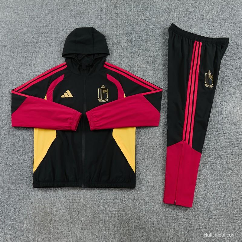 26/27 Belgium  Black Full Zipper Hooded Jacket Tracksuit + Long Pants