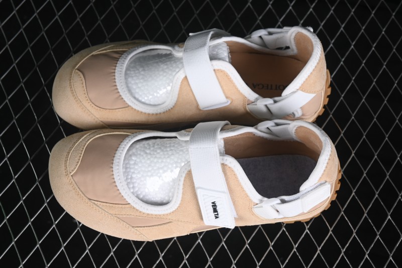 Bottega Veneta Orbit Flash Suede Round-Toe Mary Jane Flat Shoes with Hook-and-Loop Strap in Straw Yellow and Mist Grey - AJE5