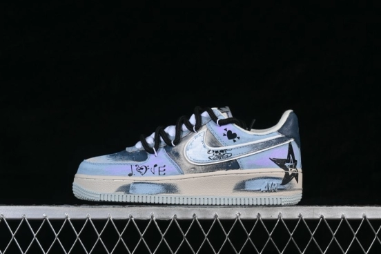 Nike Air Force 1 '07 Low 'Midnight Starburst' Hand-Painted Graffiti Sneakers with Retro Worn Aesthetic - ZB2121-120