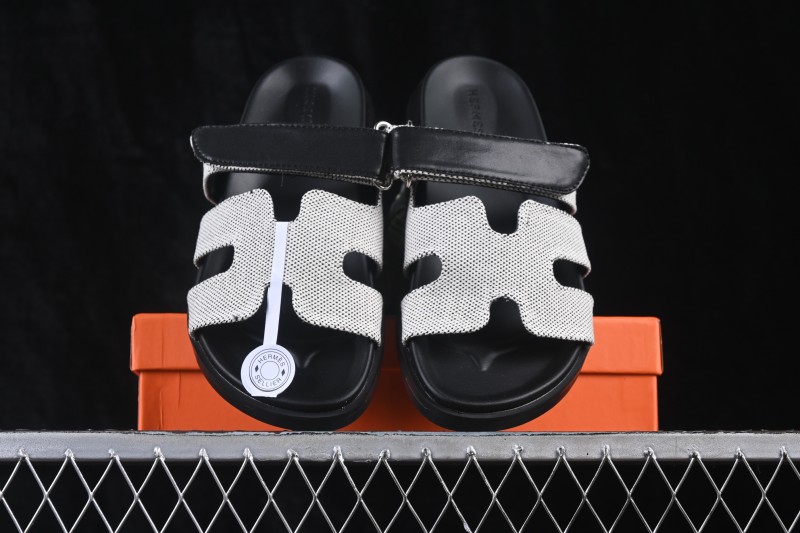 Hermes Chypre Sandals Women Flat Slide Slippers Gray Black - AJE5