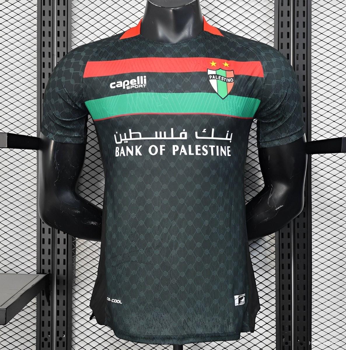Player Version 25/26 CD Palestino Away Black Jersey with Red-Green Stripes and Bank of Palestine Sponsor