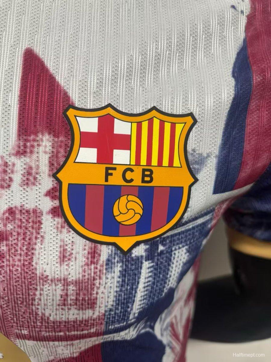 Player Version 25/26 Barcelona White with Abstract Blaugrana Brushstroke Print and Gold Trim Jersey