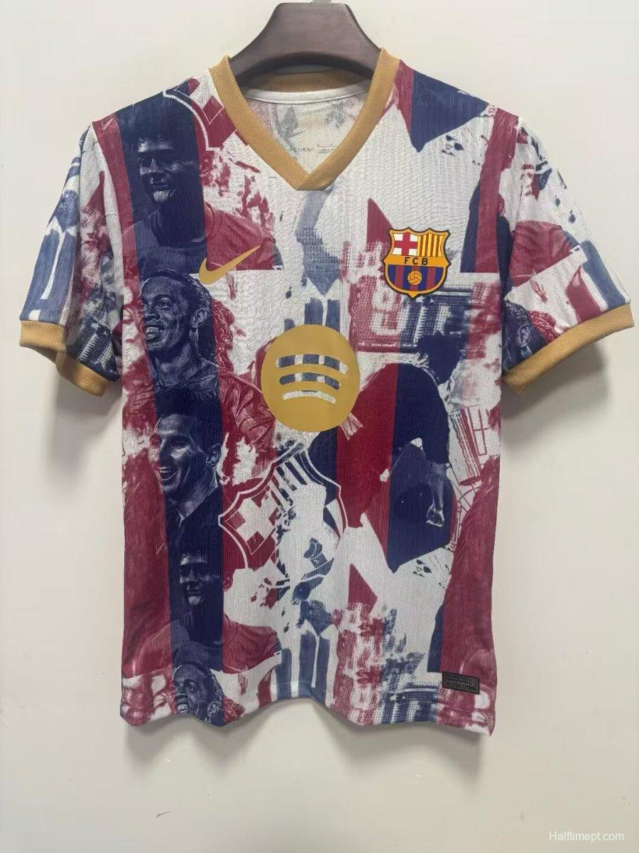 Player Version 25/26 Barcelona White with Abstract Blaugrana Brushstroke Print and Gold Trim Jersey
